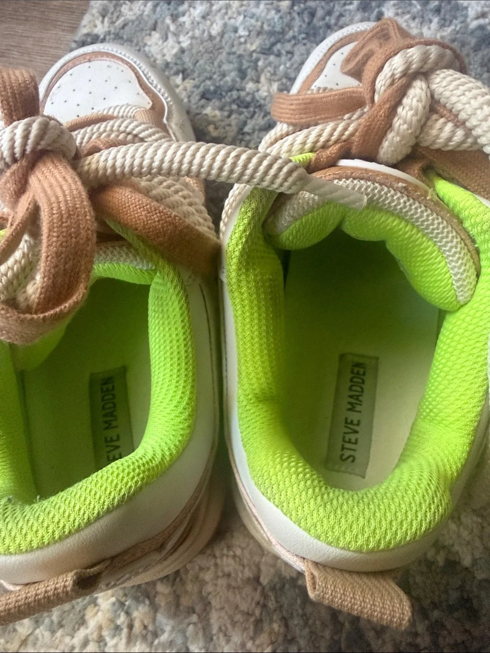 Kids White and Tan Athletic Sneakers with Lime Green Lining